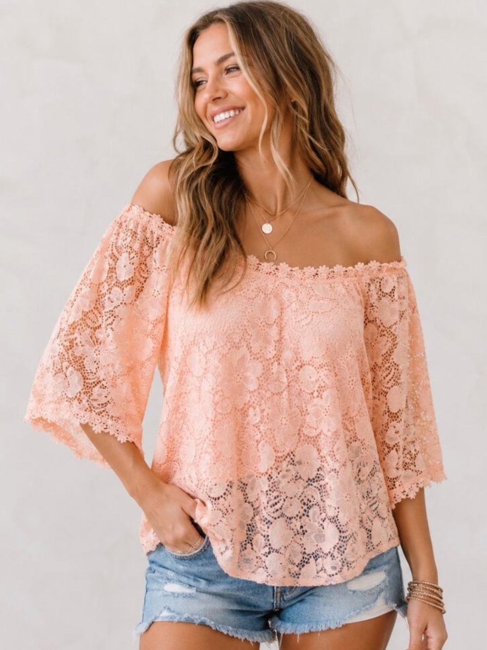 MIHOLL Blush Lace Off-Shoulder Bell Sleeve Blouse